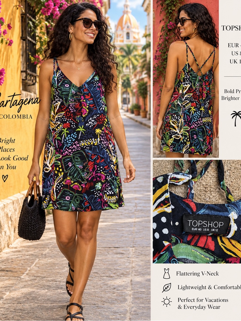 Topshop Tropical Print Strappy Mini Dress US 8 UK 12 Colorful Vacation